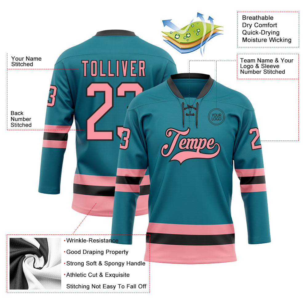 Custom Teal Medium Pink-Black Hockey Lace Neck Jersey - Sky-Custom