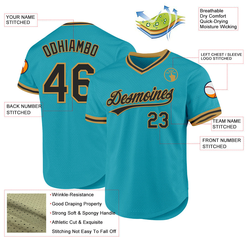 Custom Teal Black-Old Gold Authentic Throwback Baseball Jersey - Sky-Custom