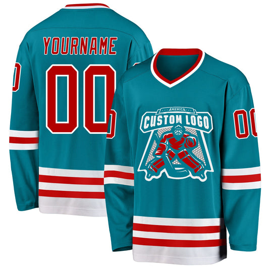 Custom Teal Red-White Hockey Jersey - Sky-Custom