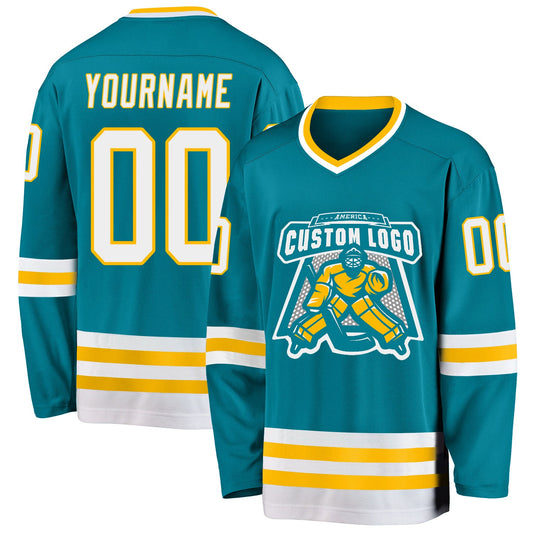 Custom Teal White-Gold Hockey Jersey - Sky-Custom