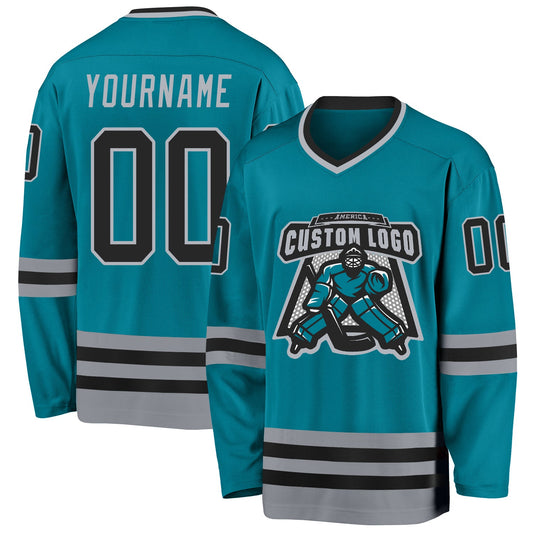 Custom Teal Black-Gray Hockey Jersey - Sky-Custom