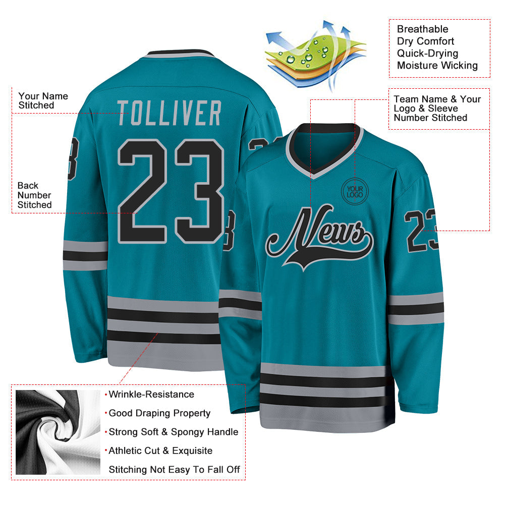 Custom Teal Black-Gray Hockey Jersey - Sky-Custom