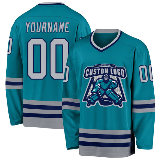 Custom Teal Gray-Navy Hockey Jersey - Sky-Custom