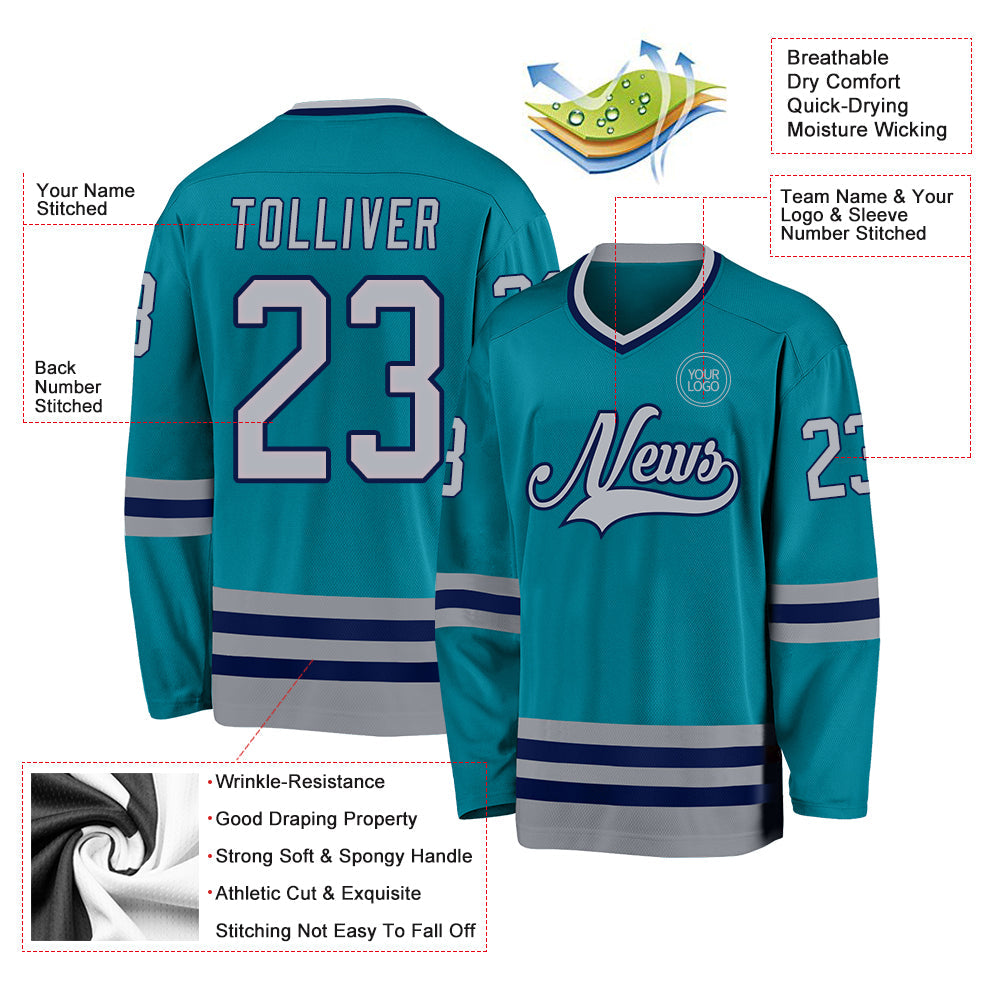 Custom Teal Gray-Navy Hockey Jersey - Sky-Custom