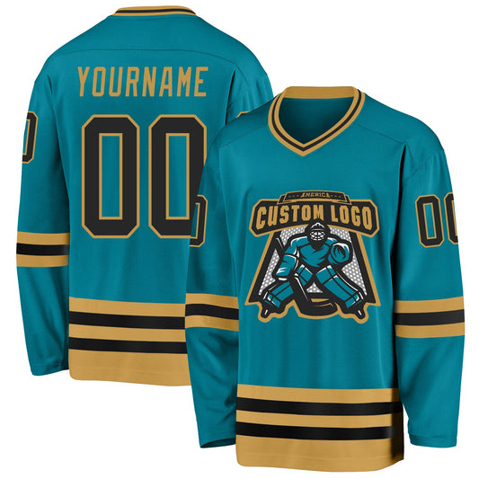 Custom Teal Black-Old Gold Hockey Jersey - Sky-Custom