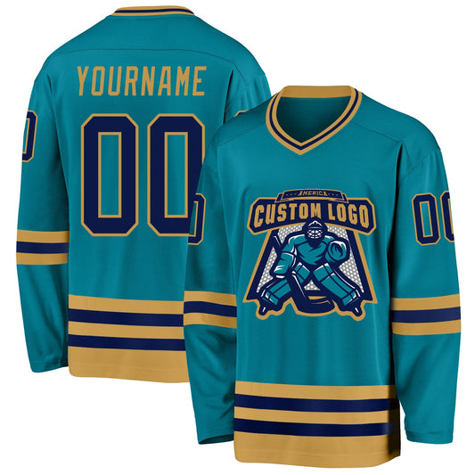 Custom Teal Navy-Old Gold Hockey Jersey - Sky-Custom