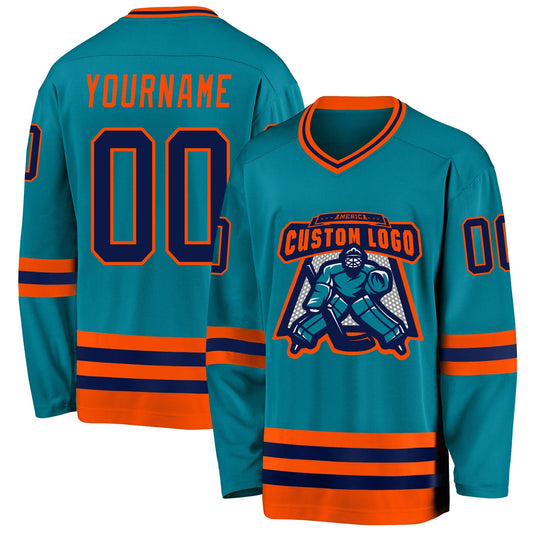 Custom Teal Navy-Orange Hockey Jersey - Sky-Custom