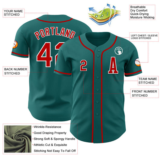 Custom Teal Red-White Authentic Baseball Jersey - Sky-Custom