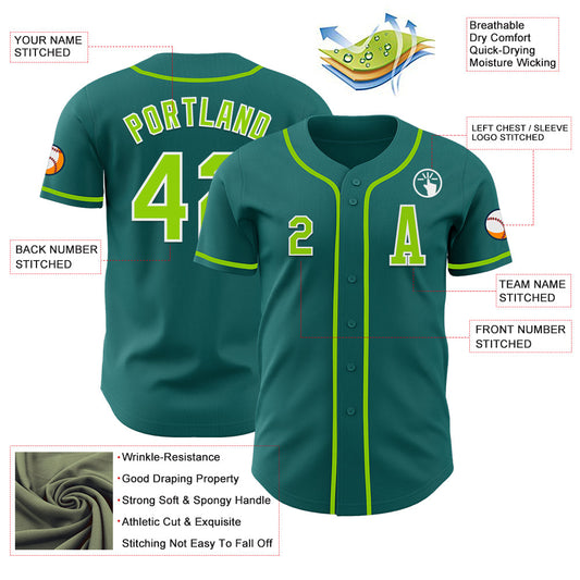 Custom Teal Neon Green-White Authentic Baseball Jersey - Sky-Custom