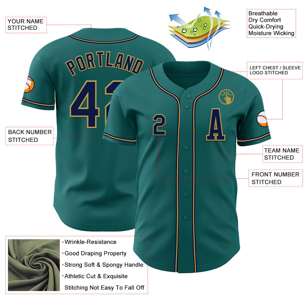 Custom Teal Navy-Old Gold Authentic Baseball Jersey - Sky-Custom