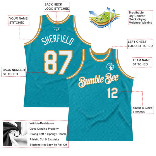 Custom Teal White-Old Gold Authentic Throwback Basketball Jersey - Sky-Custom