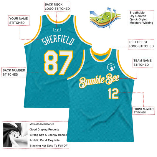 Custom Teal White-Gold Authentic Throwback Basketball Jersey - Sky-Custom