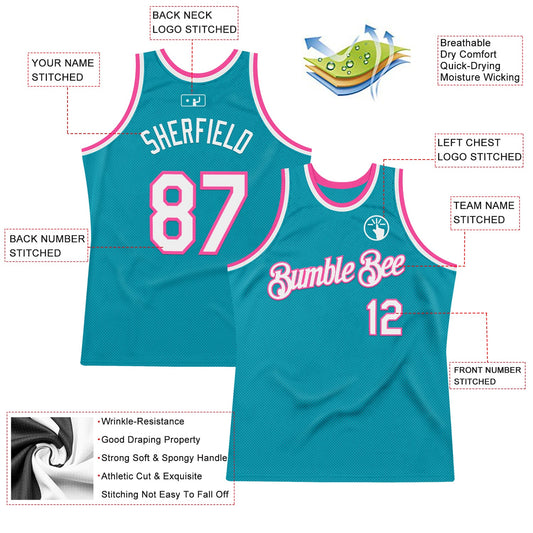 Custom Teal White-Pink Authentic Throwback Basketball Jersey - Sky-Custom
