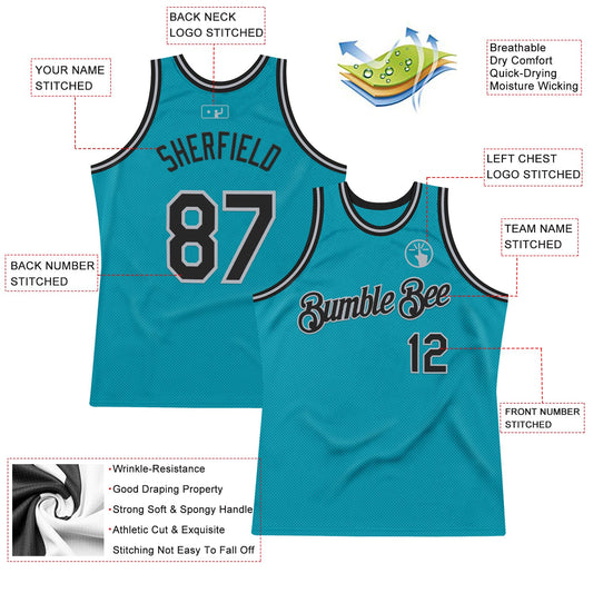 Custom Teal Black-Gray Authentic Throwback Basketball Jersey - Sky-Custom