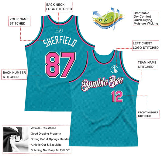 Custom Teal Pink-Black Authentic Throwback Basketball Jersey - Sky-Custom