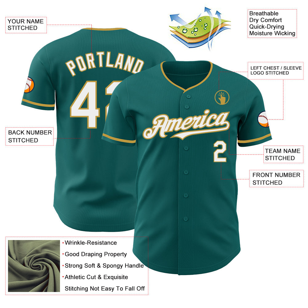Custom Teal White-Old Gold Authentic Baseball Jersey - Sky-Custom