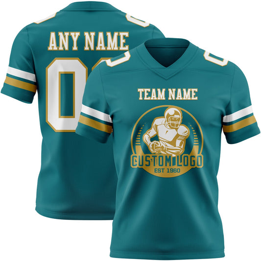 Custom Teal White-Old Gold Mesh Authentic Football Jersey - Sky-Custom
