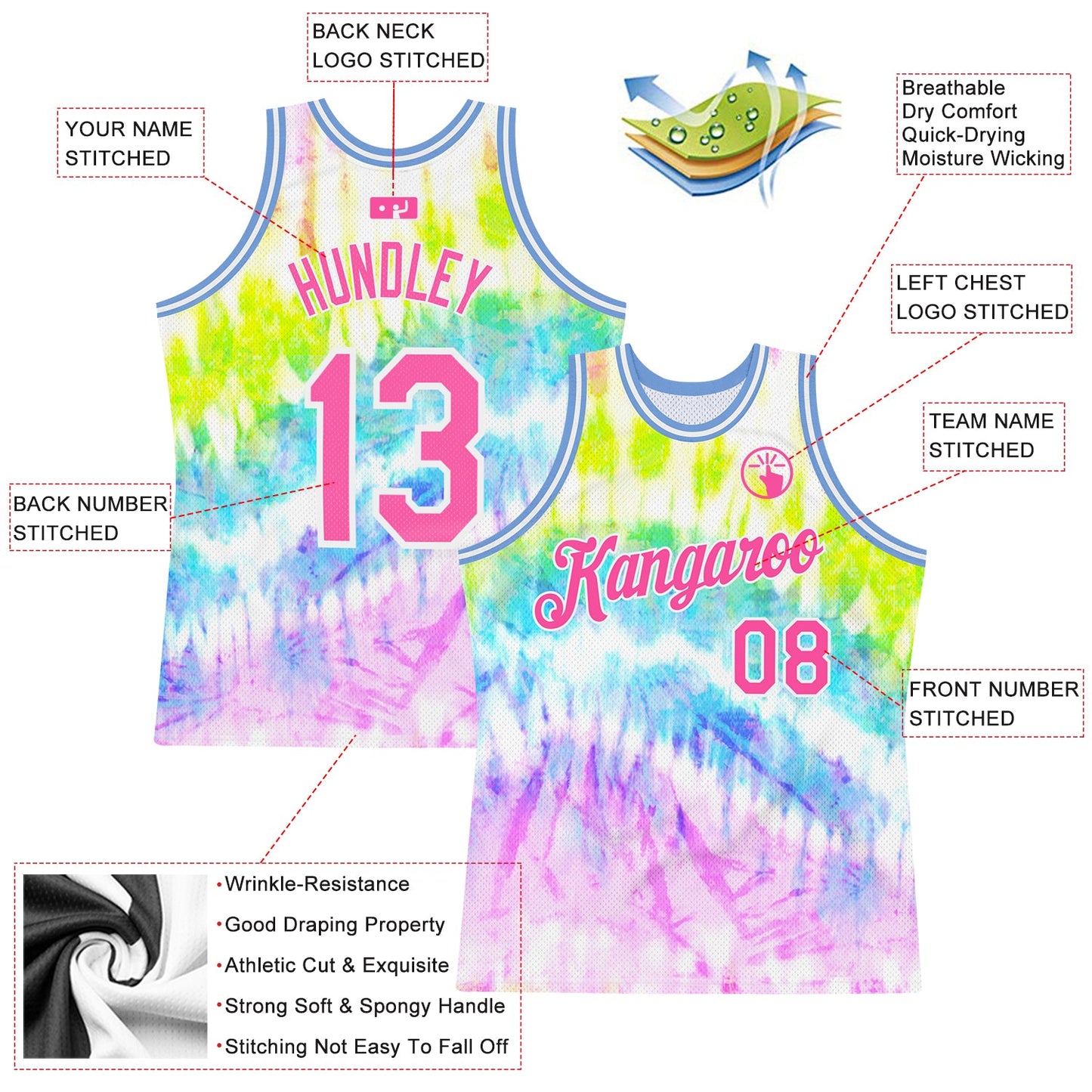 Custom Tie Dye Pink-White 3D Authentic Basketball Jersey - Sky-Custom