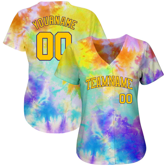 Custom Tie Dye Gold-Purple 3D Authentic Baseball Jersey - Sky-Custom