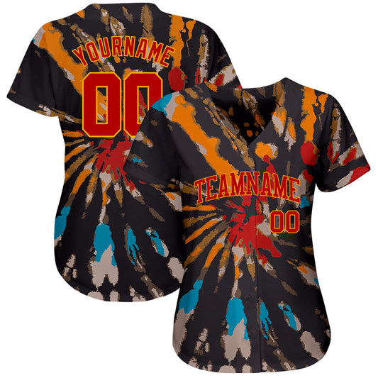 Custom Tie Dye Red-Gold 3D Authentic Baseball Jersey - Sky-Custom
