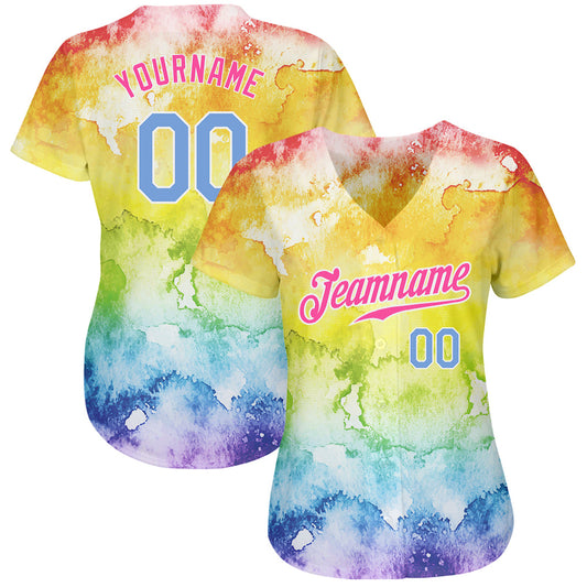 Custom Tie Dye Light Blue-Pink 3D Rainbow Authentic Baseball Jersey - Sky-Custom
