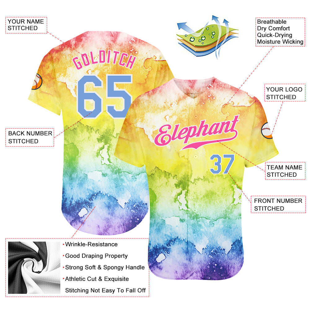 Custom Tie Dye Light Blue-Pink 3D Rainbow Authentic Baseball Jersey - Sky-Custom