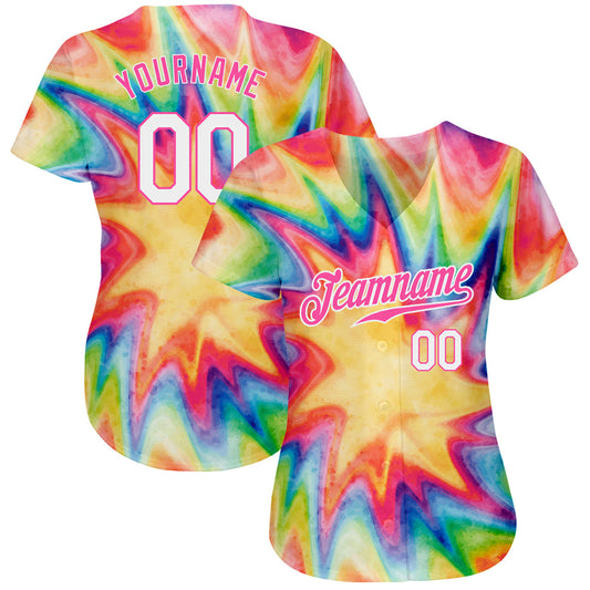 Custom Tie Dye White-Pink 3D Watercolor Rainbow Authentic Baseball Jersey - Sky-Custom