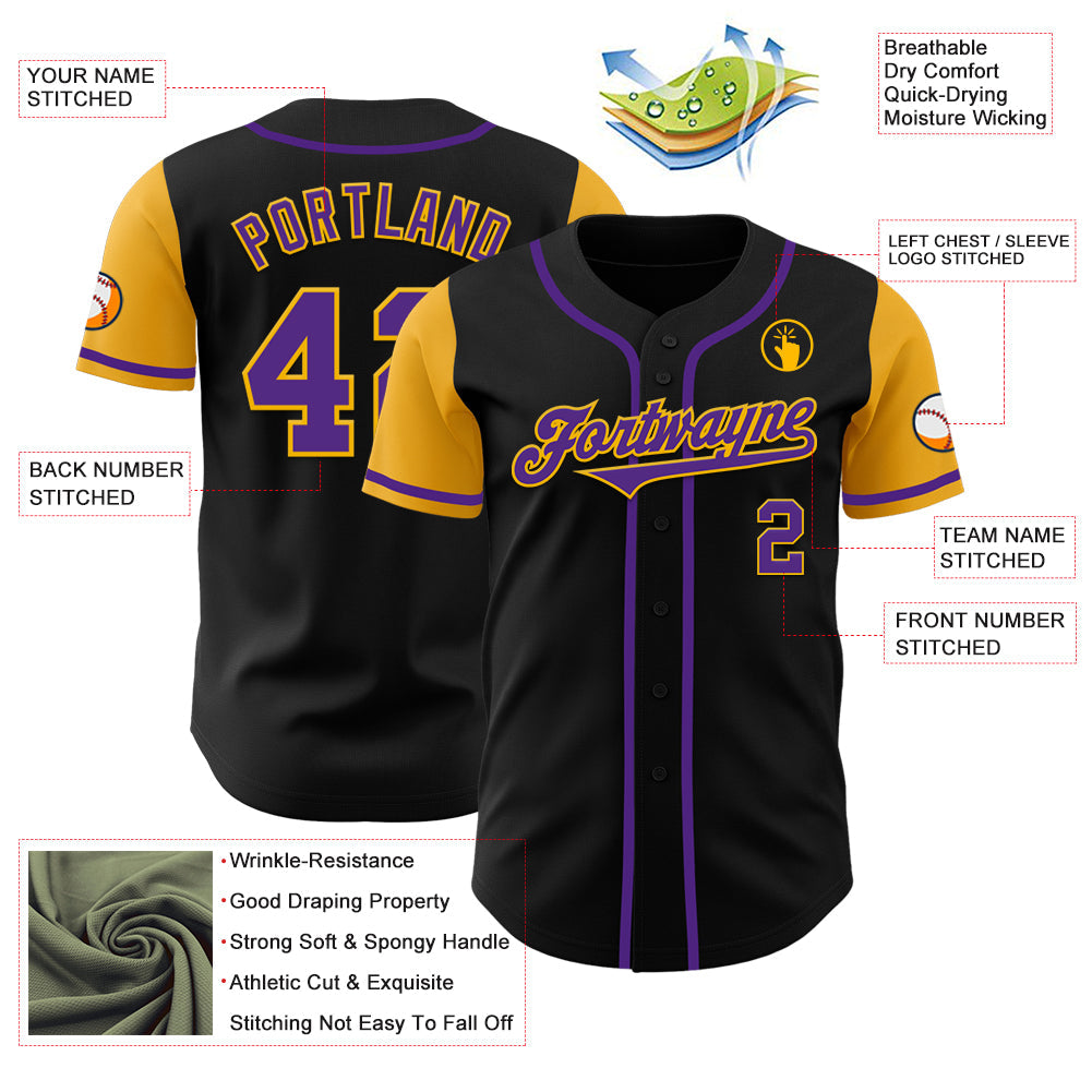 Custom Black Purple-Gold Authentic Two Tone Baseball Jersey - Sky-Custom