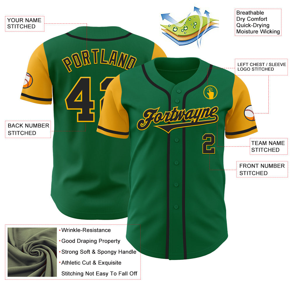 Custom Kelly Green Black-Gold Authentic Two Tone Baseball Jersey - Sky-Custom