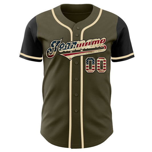 Custom Olive Vintage USA Flag-Black Authentic Two Tone Salute To Service Baseball Jersey - Sky-Custom