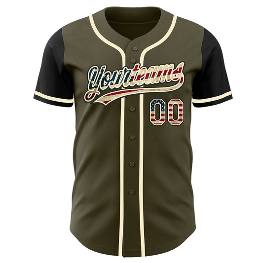 Custom Olive Vintage USA Flag Black-Cream Authentic Salute To Service Two Tone Baseball Jersey - Sky-Custom