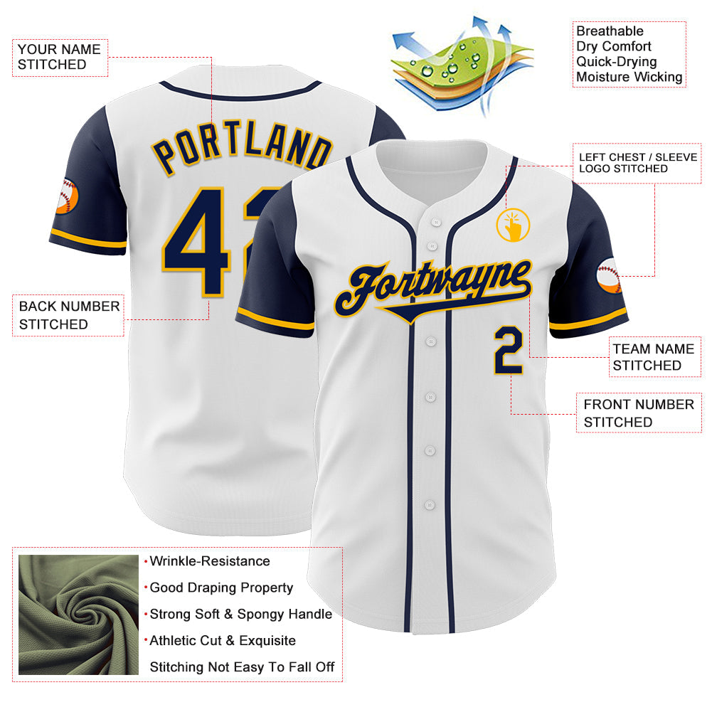 Custom White Navy-Gold Authentic Two Tone Baseball Jersey - Sky-Custom