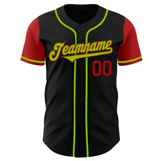 Custom Black Neon Green-Red Authentic Two Tone Baseball Jersey - Sky-Custom