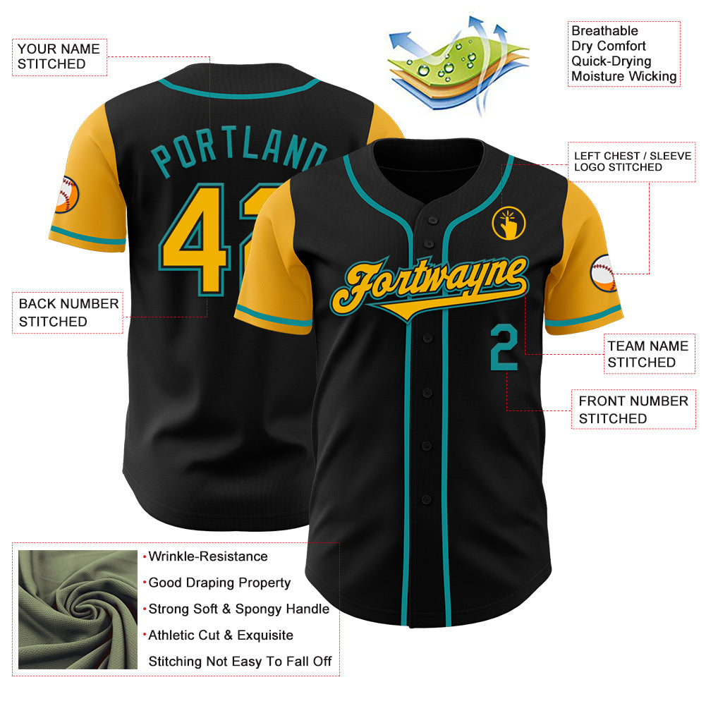 Custom Black Gold-Teal Authentic Two Tone Baseball Jersey - Sky-Custom