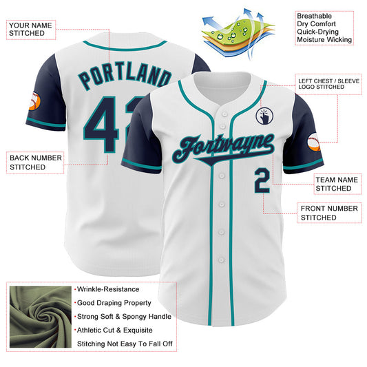 Custom White Navy-Teal Authentic Two Tone Baseball Jersey - Sky-Custom