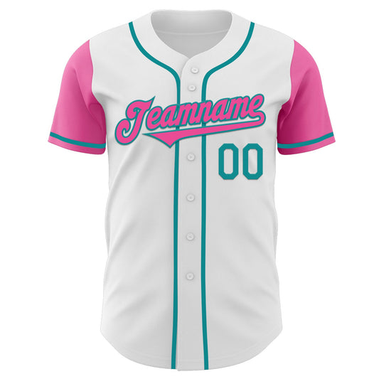 Custom White Pink-Teal Authentic Two Tone Baseball Jersey - Sky-Custom