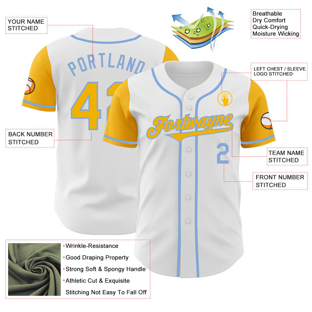 Custom White Gold-Light Blue Authentic Two Tone Baseball Jersey - Sky-Custom