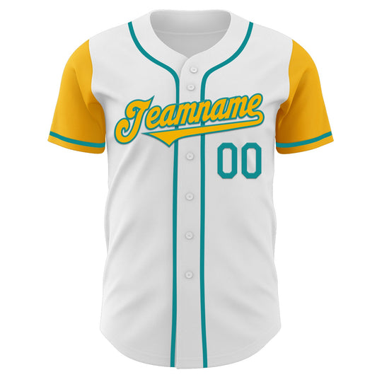 Custom White Gold-Teal Authentic Two Tone Baseball Jersey - Sky-Custom