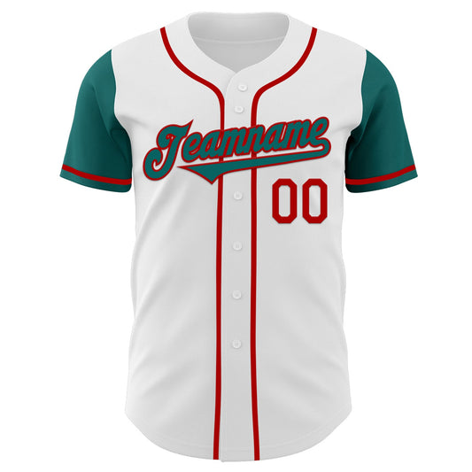 Custom White Teal-Red Authentic Two Tone Baseball Jersey - Sky-Custom