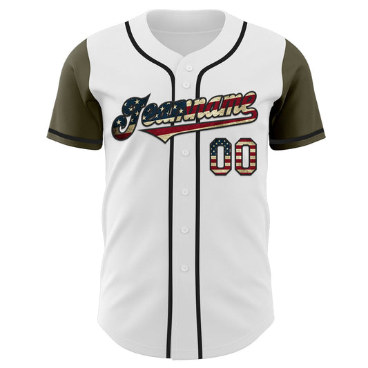 Custom White Vintage USA Flag Black-Olive Authentic Two Tone Baseball Jersey - Sky-Custom