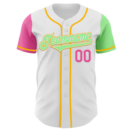 Custom White Pink Pea Green-Gold Authentic Two Tone Baseball Jersey - Sky-Custom