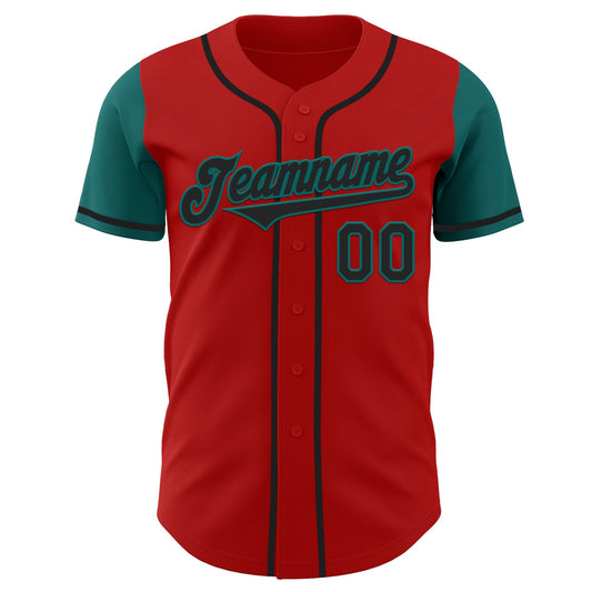 Custom Red Black-Teal Authentic Two Tone Baseball Jersey - Sky-Custom