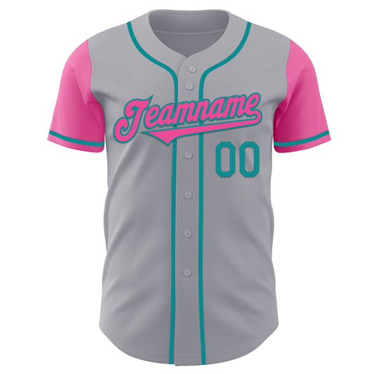 Custom Gray Pink-Teal Authentic Two Tone Baseball Jersey - Sky-Custom
