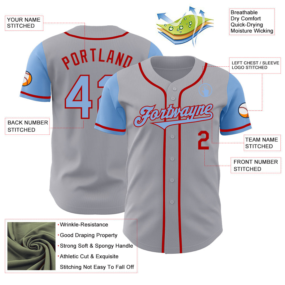 Custom Gray Light Blue-Red Authentic Two Tone Baseball Jersey - Sky-Custom