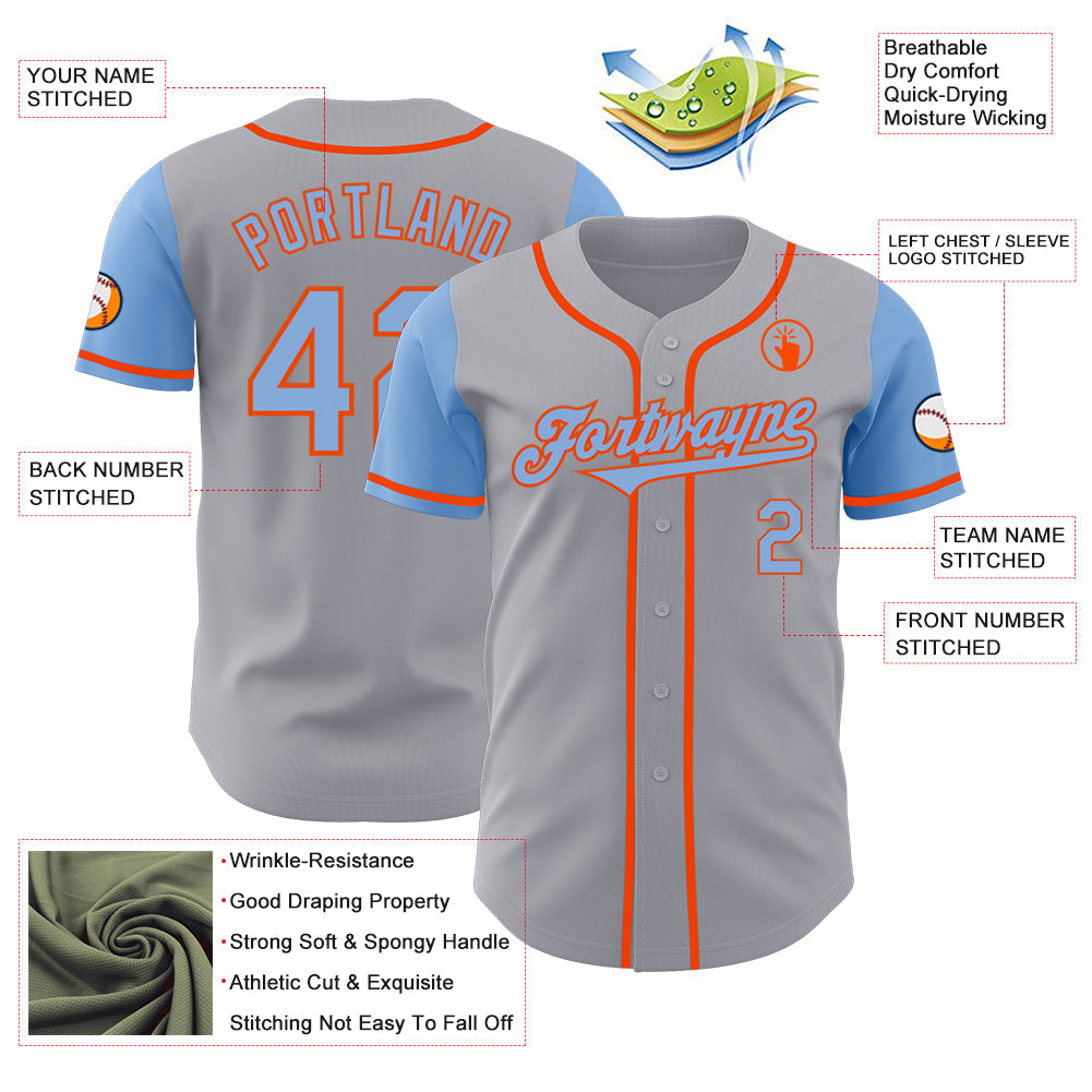 Custom Gray Light Blue-Orange Authentic Two Tone Baseball Jersey - Sky-Custom