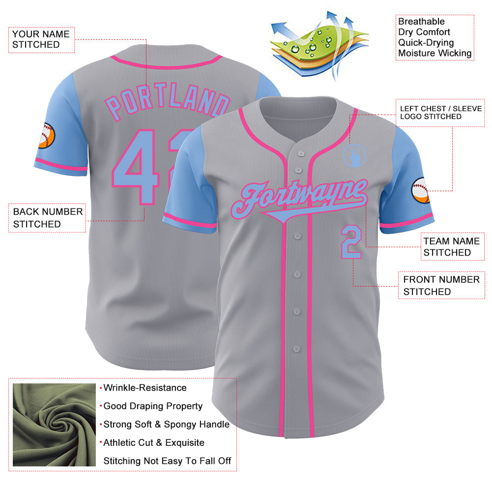 Custom Gray Light Blue-Pink Authentic Two Tone Baseball Jersey - Sky-Custom