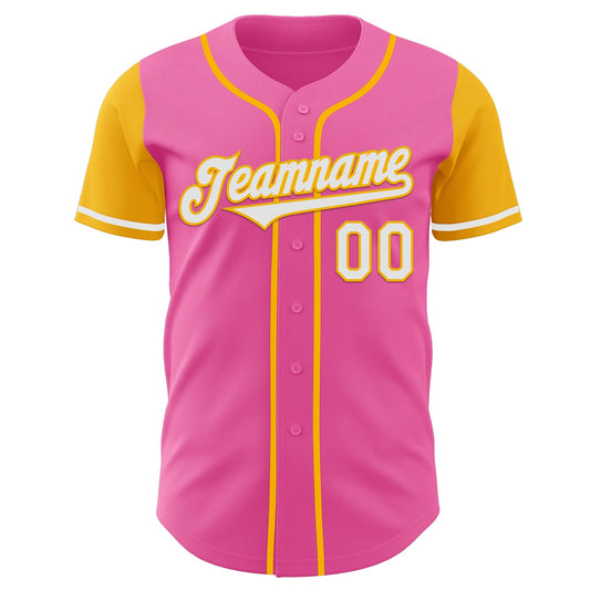Custom Pink White-Gold Authentic Two Tone Baseball Jersey - Sky-Custom