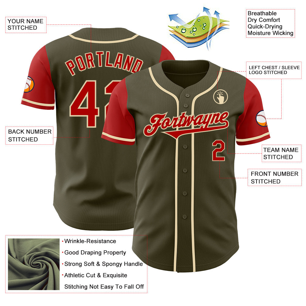 Custom Olive Red-Cream Authentic Two Tone Salute To Service Baseball Jersey - Sky-Custom