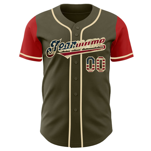 Custom Olive Vintage USA Flag Red-Cream Authentic Two Tone Salute To Service Baseball Jersey - Sky-Custom