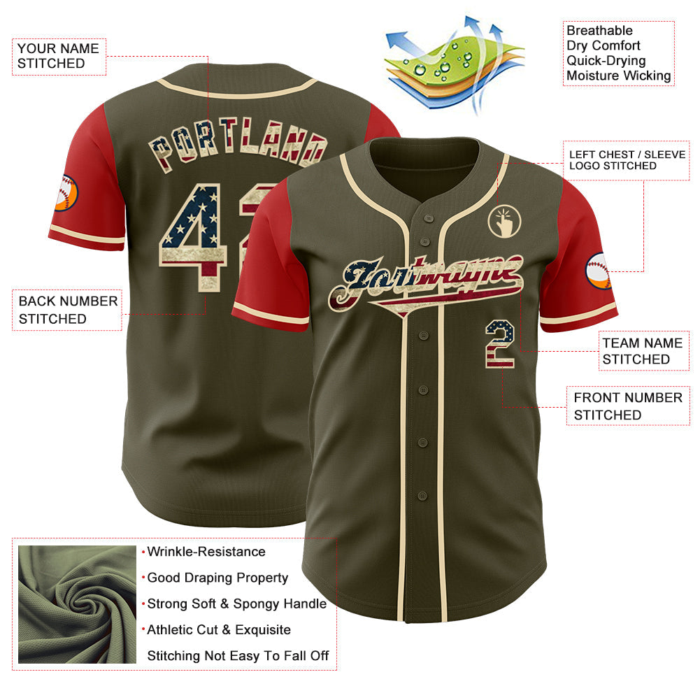 Custom Olive Vintage USA Flag Red-Cream Authentic Two Tone Salute To Service Baseball Jersey - Sky-Custom